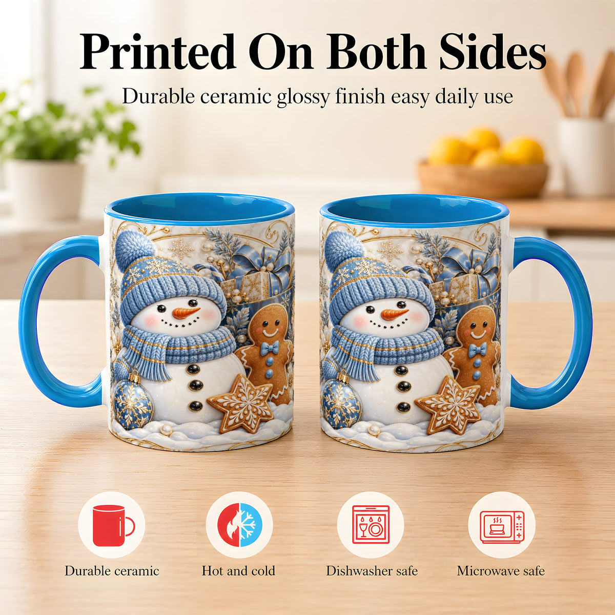 #pl[11oz|Blue] Snowman Gingerbread Coffee Mug, Blue Holiday Mug, Ceramic Cup