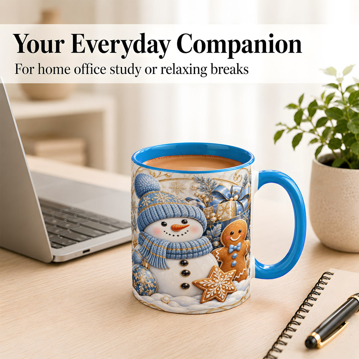 #pl[11oz|Blue] Snowman Gingerbread Coffee Mug, Blue Holiday Mug, Ceramic Cup