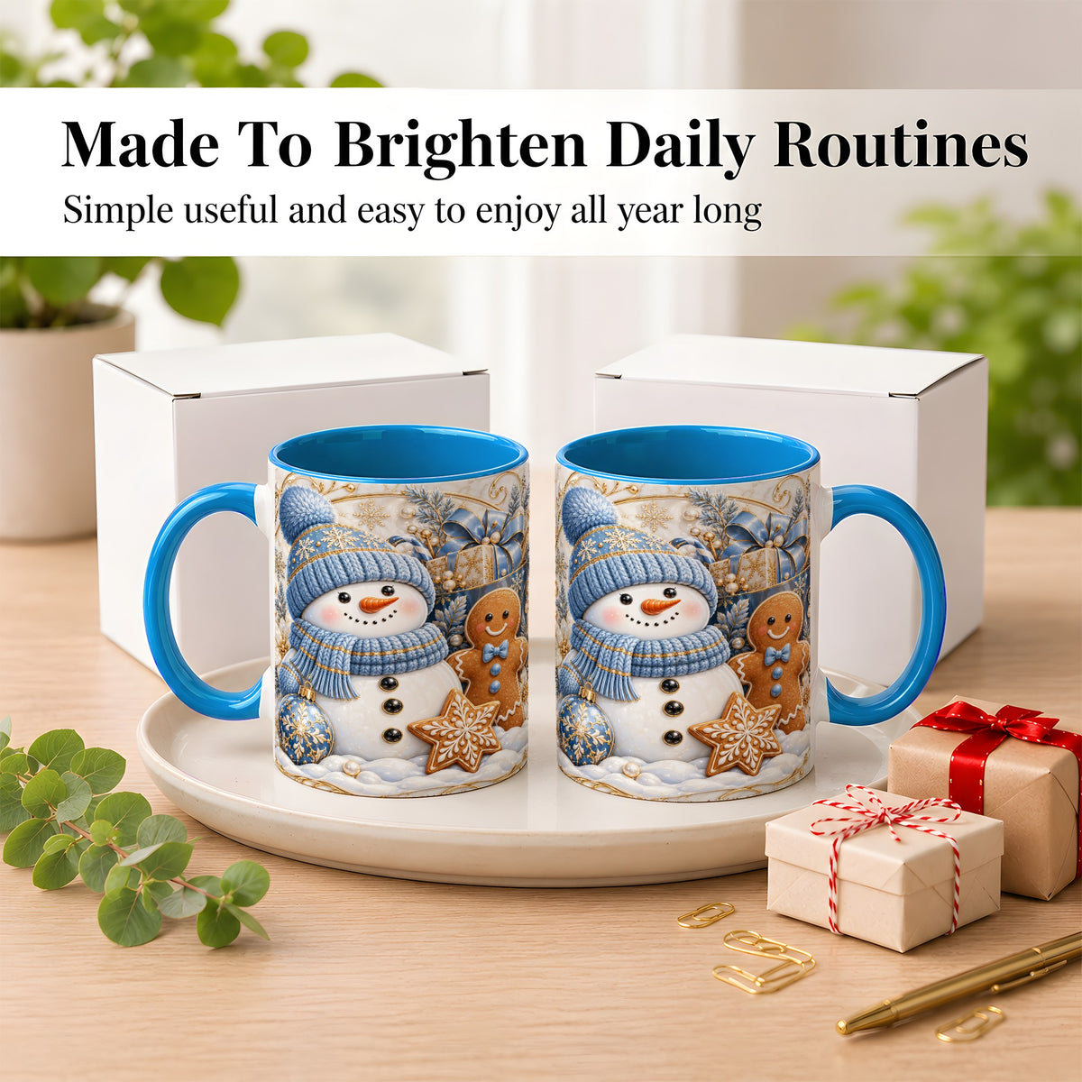 #pl[11oz|Blue] Snowman Gingerbread Coffee Mug, Blue Holiday Mug, Ceramic Cup