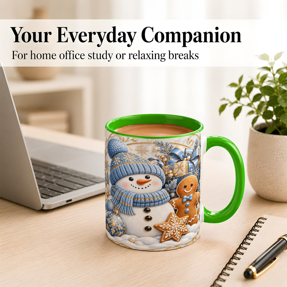 #pl[11oz|Green] Snowman Gingerbread Coffee Mug, Blue Holiday Mug, Ceramic Cup