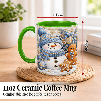 #pl[11oz|Green] Snowman Gingerbread Coffee Mug, Blue Holiday Mug, Ceramic Cup