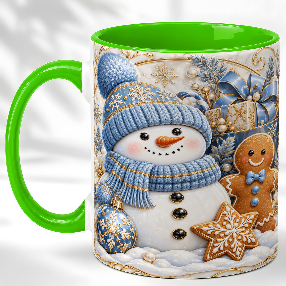 #pl[11oz|Green] Snowman Gingerbread Coffee Mug, Blue Holiday Mug, Ceramic Cup