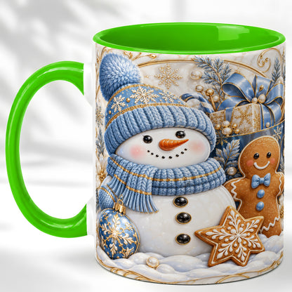 #pl[11oz|Green] Snowman Gingerbread Coffee Mug, Blue Holiday Mug, Ceramic Cup