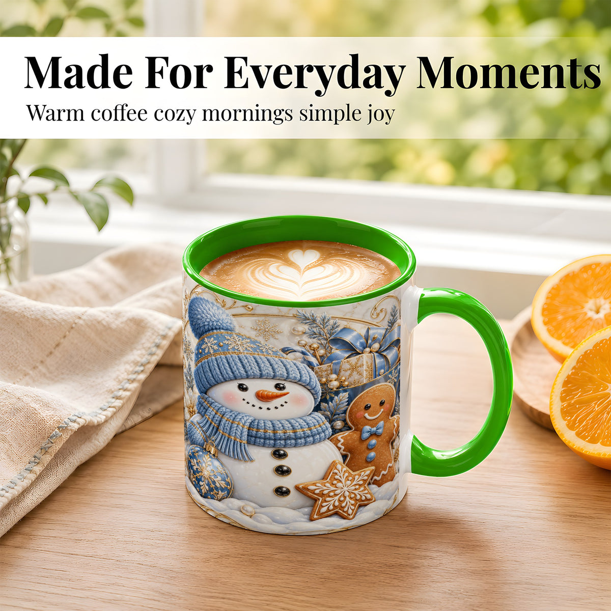 #pl[11oz|Green] Snowman Gingerbread Coffee Mug, Blue Holiday Mug, Ceramic Cup