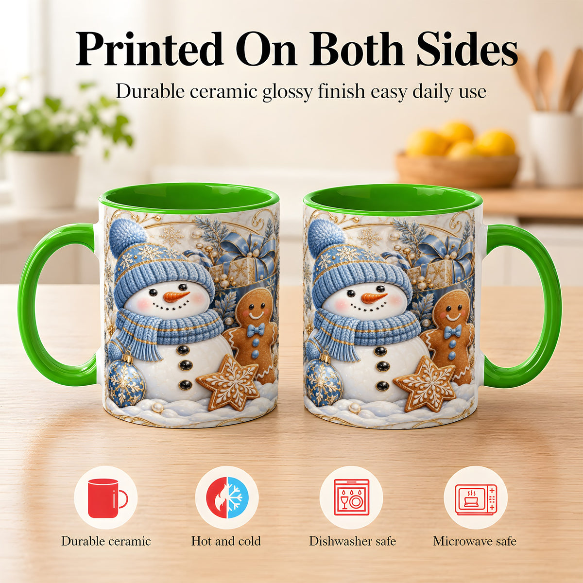 #pl[11oz|Green] Snowman Gingerbread Coffee Mug, Blue Holiday Mug, Ceramic Cup
