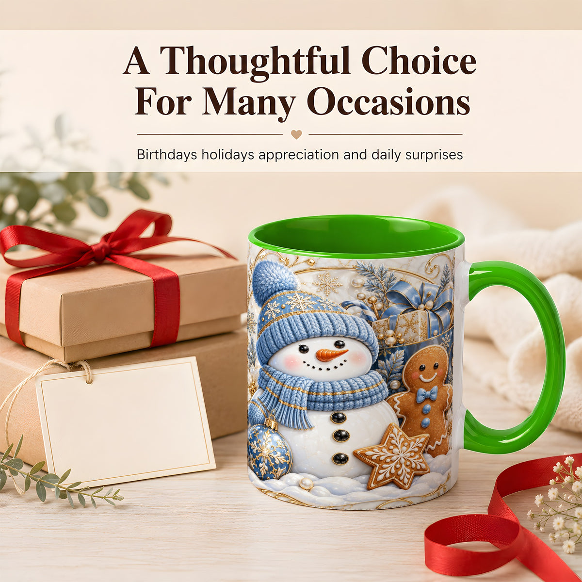 #pl[11oz|Green] Snowman Gingerbread Coffee Mug, Blue Holiday Mug, Ceramic Cup