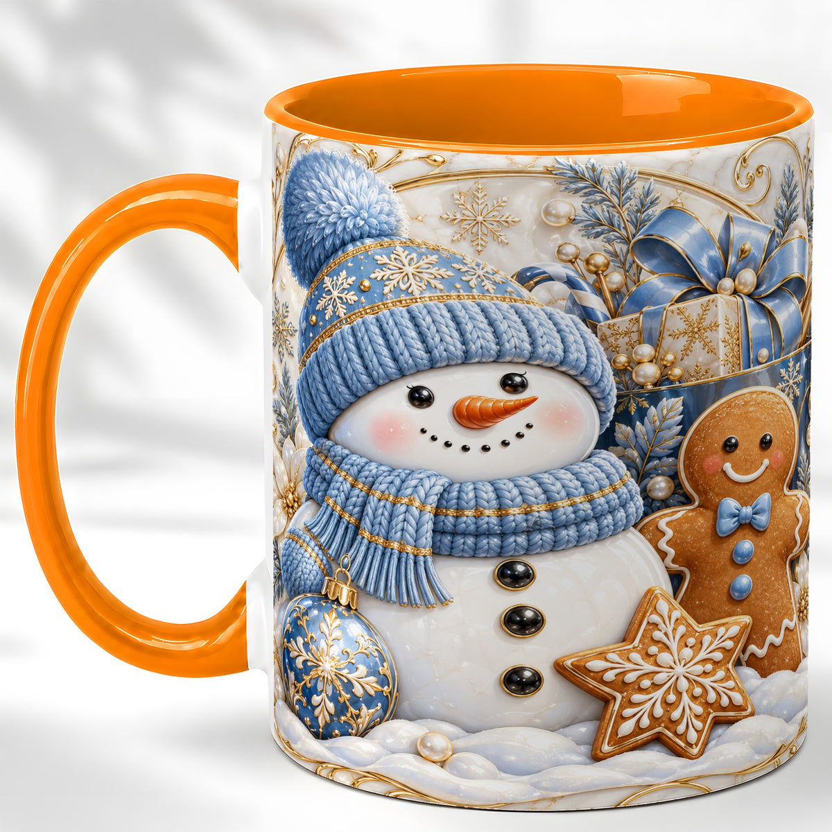 #pl[11oz|Orange] Snowman Gingerbread Coffee Mug, Blue Holiday Mug, Ceramic Cup