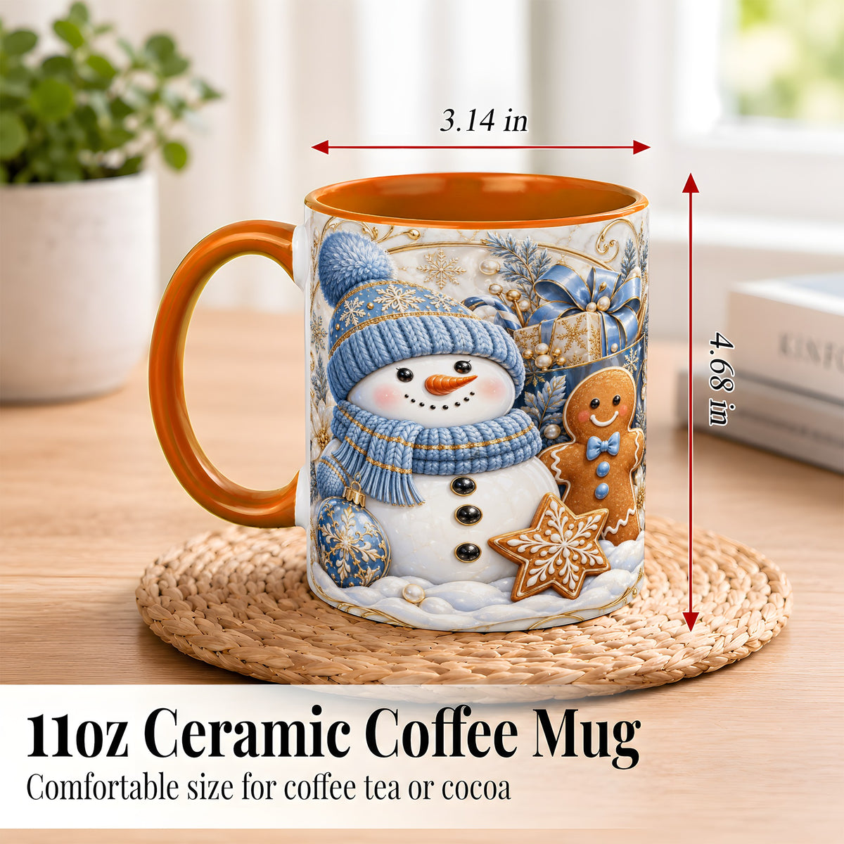 #pl[11oz|Orange] Snowman Gingerbread Coffee Mug, Blue Holiday Mug, Ceramic Cup