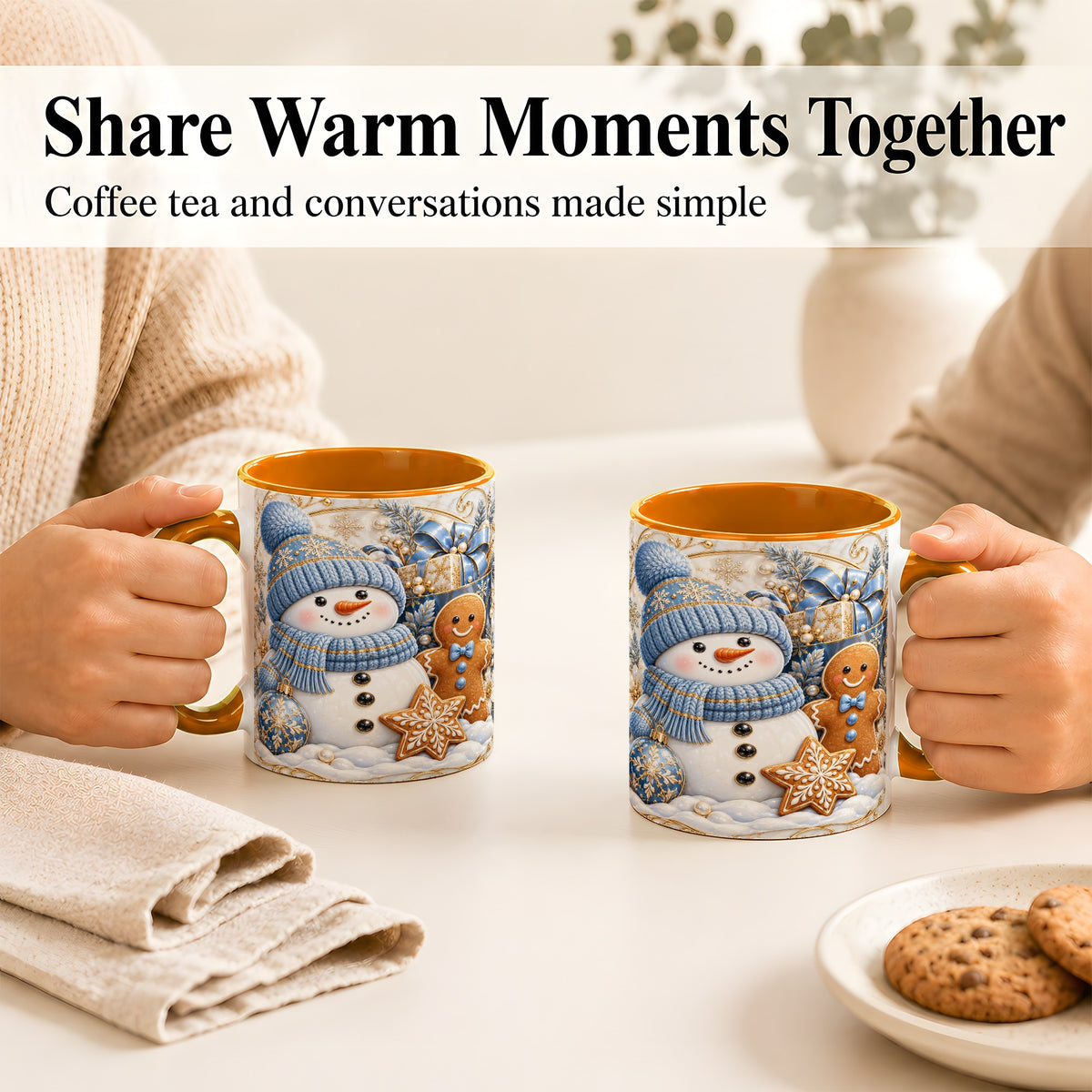 #pl[11oz|Orange] Snowman Gingerbread Coffee Mug, Blue Holiday Mug, Ceramic Cup