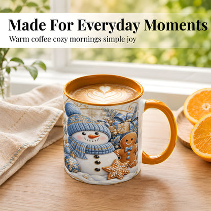 #pl[11oz|Orange] Snowman Gingerbread Coffee Mug, Blue Holiday Mug, Ceramic Cup