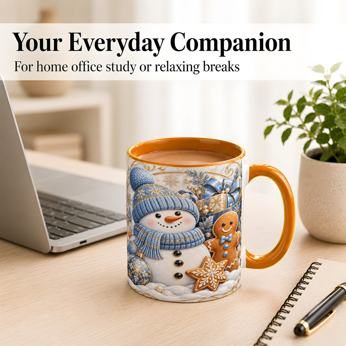 #pl[11oz|Orange] Snowman Gingerbread Coffee Mug, Blue Holiday Mug, Ceramic Cup