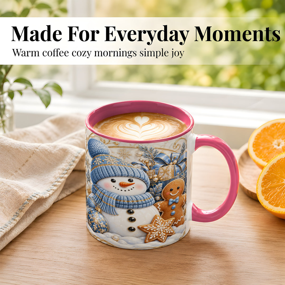#pl[11oz|Pink] Snowman Gingerbread Coffee Mug, Blue Holiday Mug, Ceramic Cup