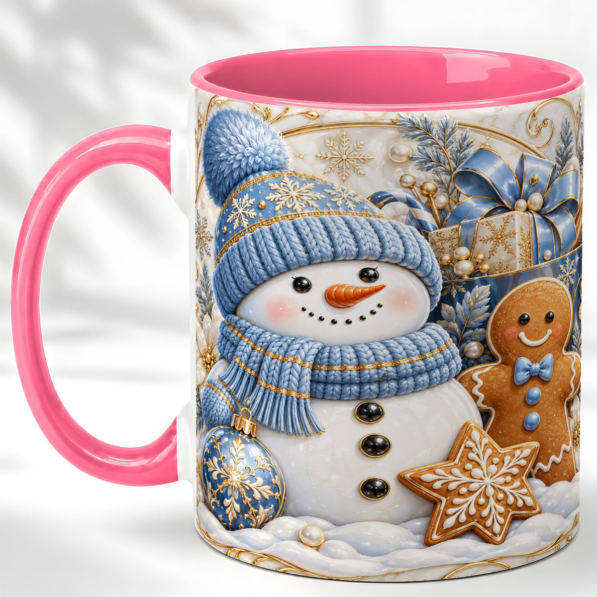 #pl[11oz|Pink] Snowman Gingerbread Coffee Mug, Blue Holiday Mug, Ceramic Cup