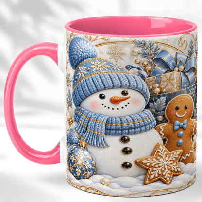 #pl[11oz|Pink] Snowman Gingerbread Coffee Mug, Blue Holiday Mug, Ceramic Cup