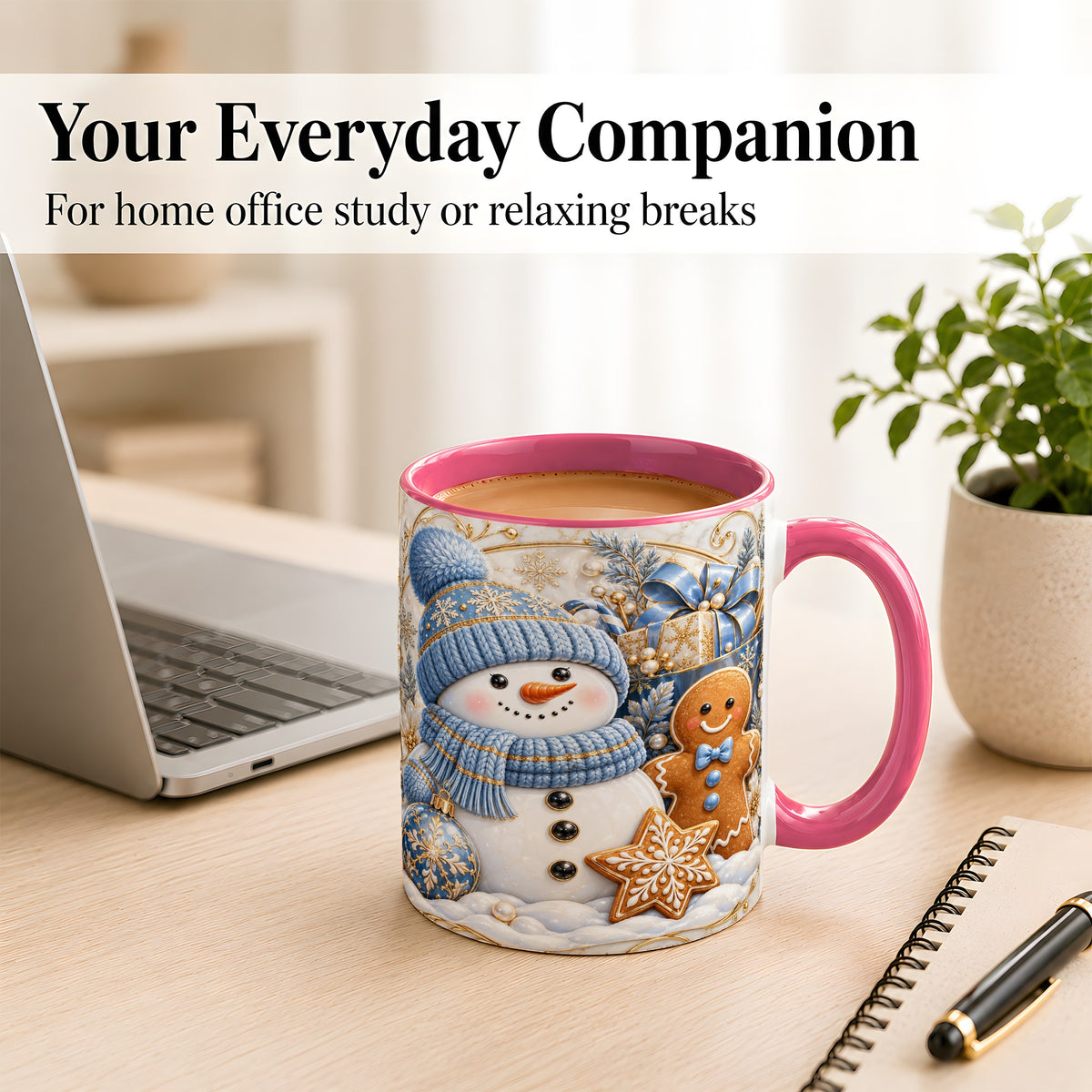 #pl[11oz|Pink] Snowman Gingerbread Coffee Mug, Blue Holiday Mug, Ceramic Cup