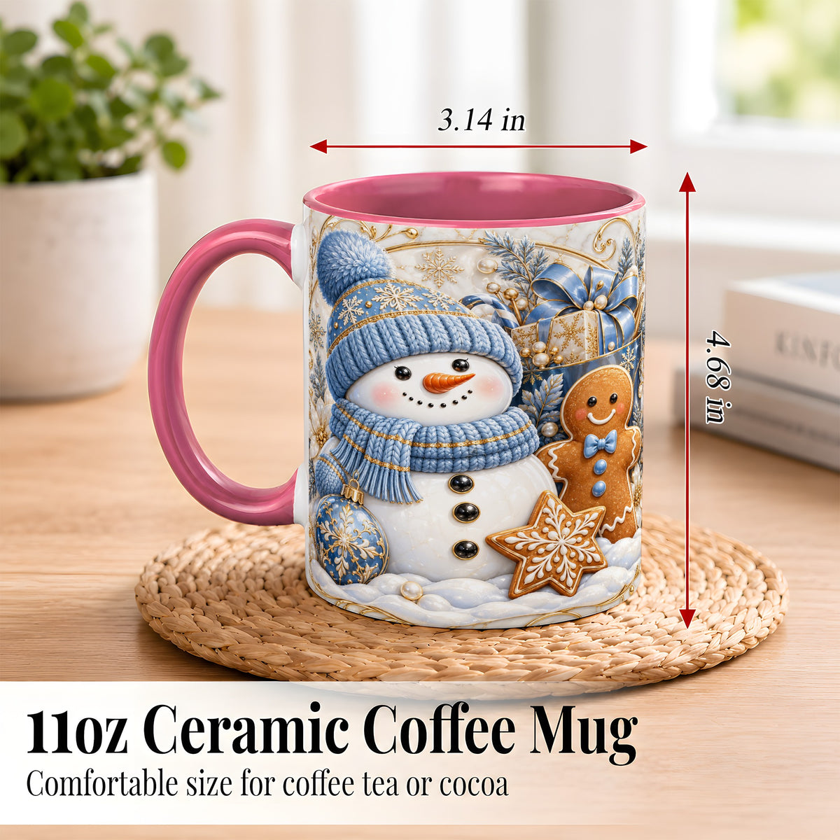 #pl[11oz|Pink] Snowman Gingerbread Coffee Mug, Blue Holiday Mug, Ceramic Cup