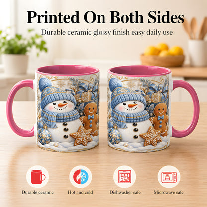 #pl[11oz|Pink] Snowman Gingerbread Coffee Mug, Blue Holiday Mug, Ceramic Cup