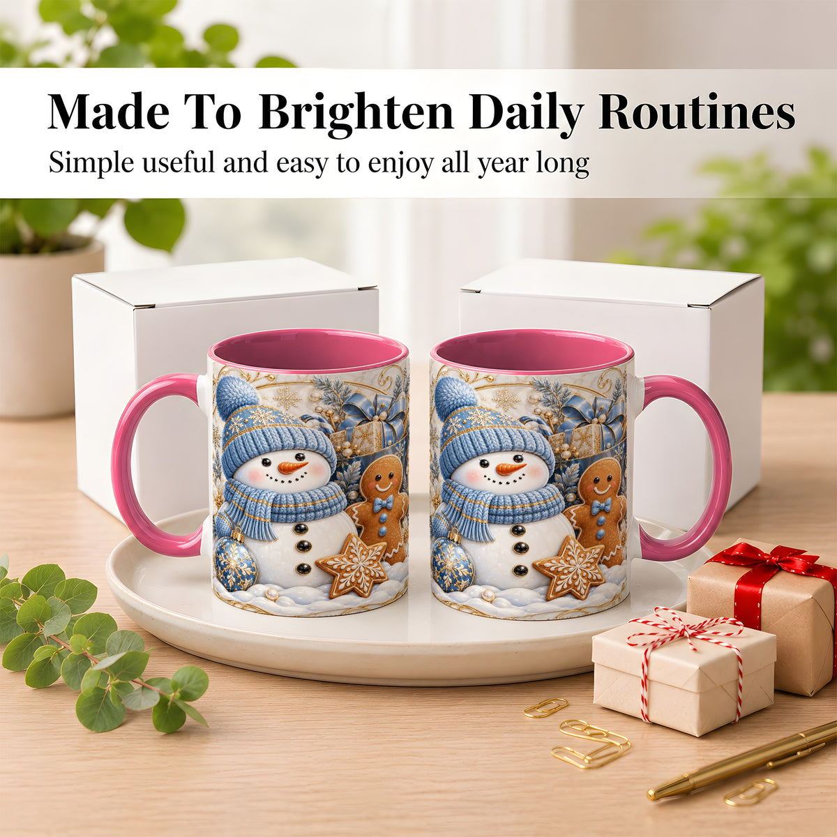 #pl[11oz|Pink] Snowman Gingerbread Coffee Mug, Blue Holiday Mug, Ceramic Cup