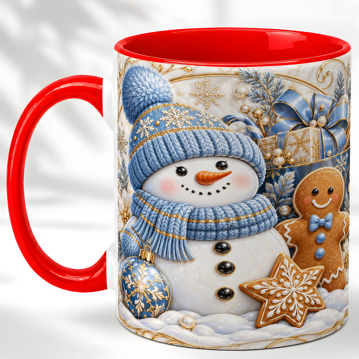 Snowman Gingerbread Coffee Mug, Blue Holiday Mug, Ceramic Cup