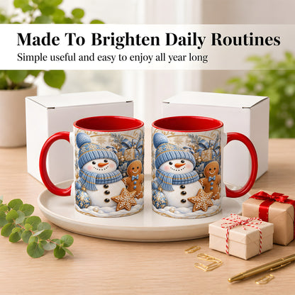 #pl[11oz|Red] Snowman Gingerbread Coffee Mug, Blue Holiday Mug, Ceramic Cup