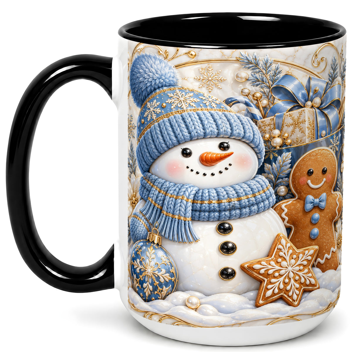 #pl[15oz|Black] Snowman Gingerbread Coffee Mug, Blue Holiday Mug, Ceramic Cup