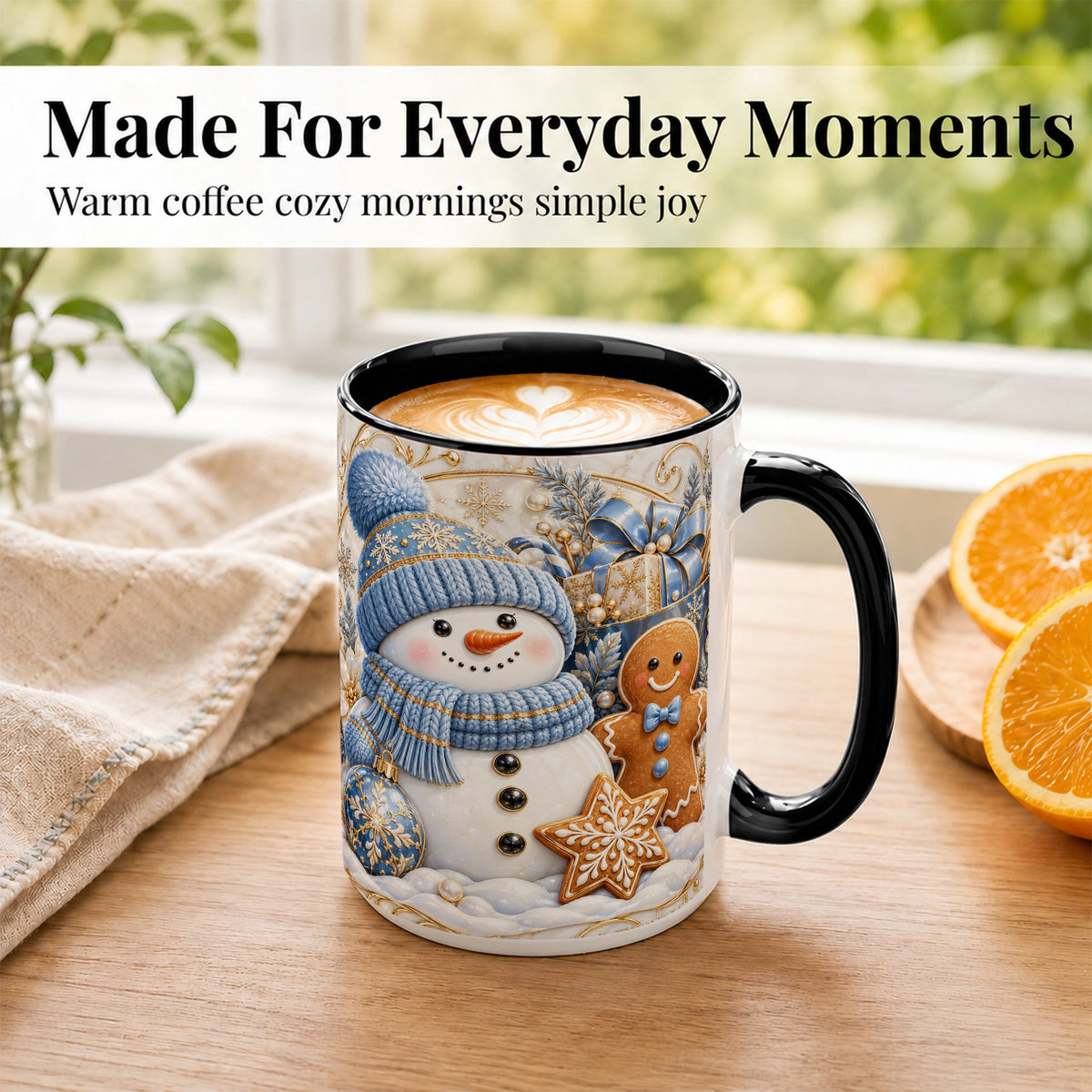 #pl[15oz|Black] Snowman Gingerbread Coffee Mug, Blue Holiday Mug, Ceramic Cup