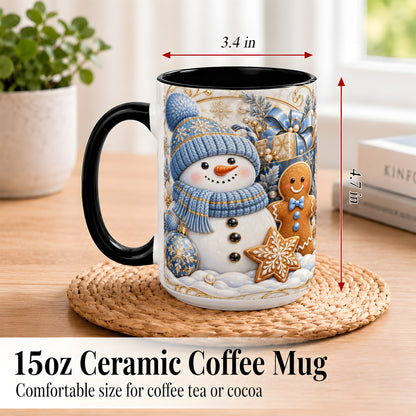 #pl[15oz|Black] Snowman Gingerbread Coffee Mug, Blue Holiday Mug, Ceramic Cup