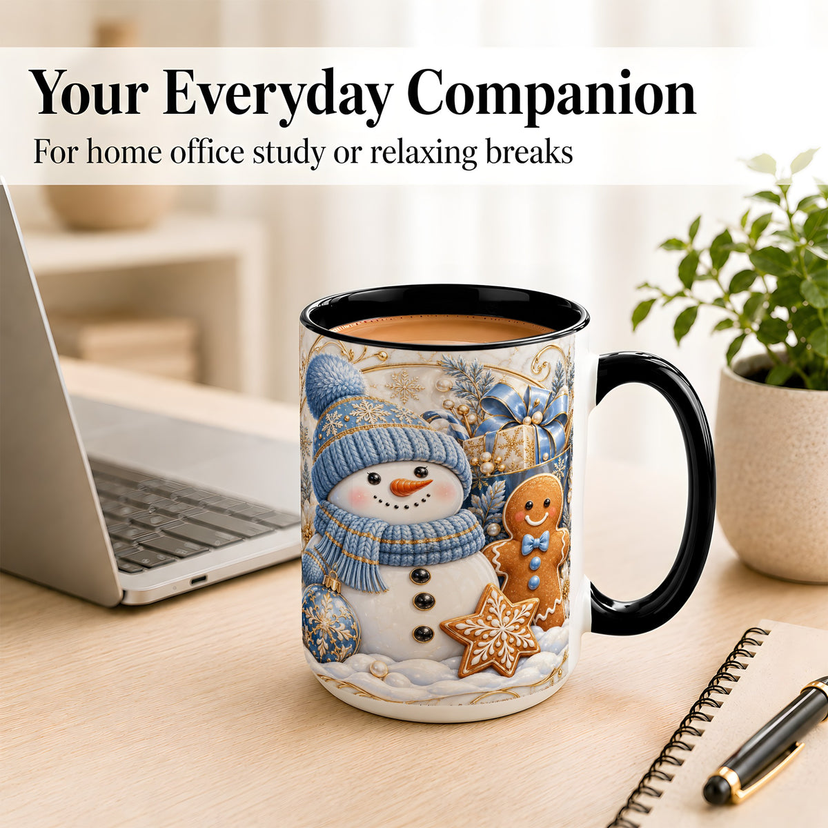 #pl[15oz|Black] Snowman Gingerbread Coffee Mug, Blue Holiday Mug, Ceramic Cup