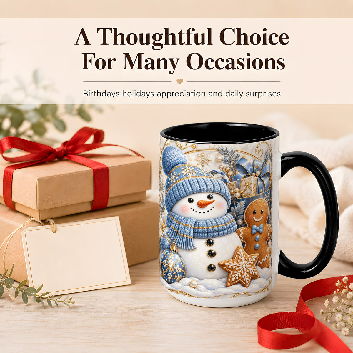 #pl[15oz|Black] Snowman Gingerbread Coffee Mug, Blue Holiday Mug, Ceramic Cup