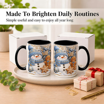 #pl[15oz|Black] Snowman Gingerbread Coffee Mug, Blue Holiday Mug, Ceramic Cup