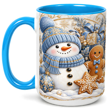 #pl[15oz|Blue] Snowman Gingerbread Coffee Mug, Blue Holiday Mug, Ceramic Cup