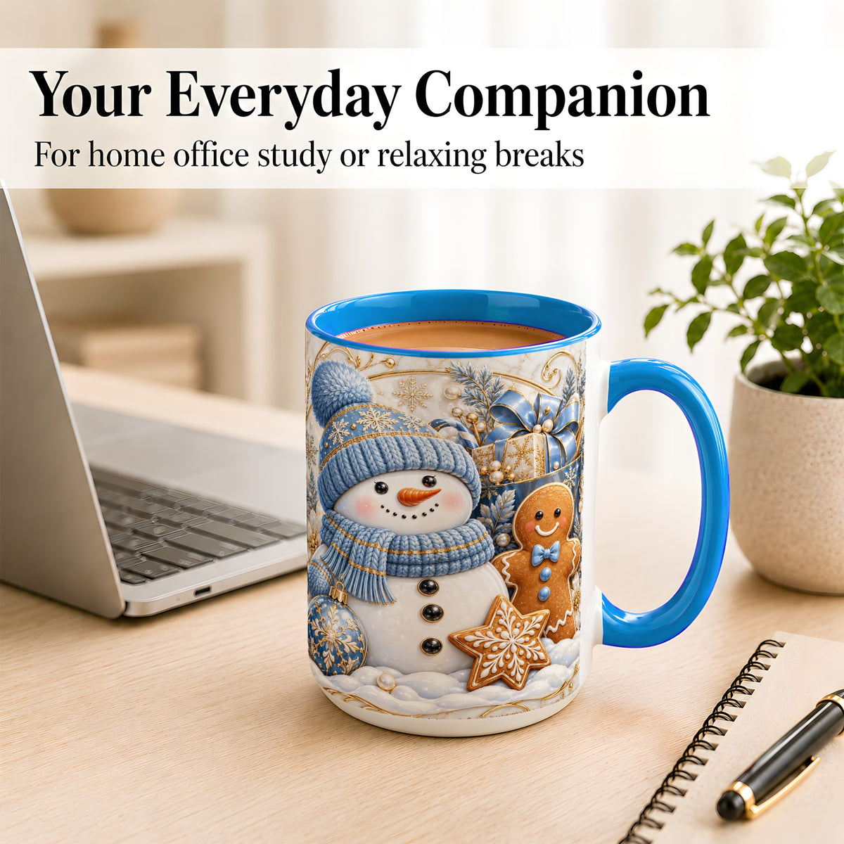 #pl[15oz|Blue] Snowman Gingerbread Coffee Mug, Blue Holiday Mug, Ceramic Cup