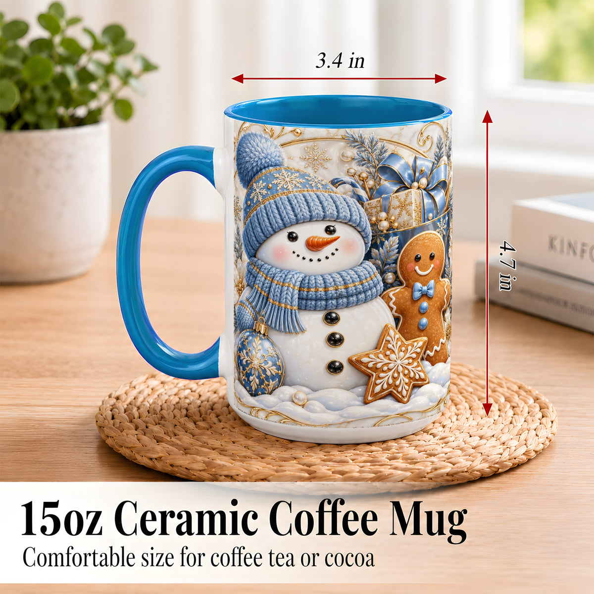 #pl[15oz|Blue] Snowman Gingerbread Coffee Mug, Blue Holiday Mug, Ceramic Cup