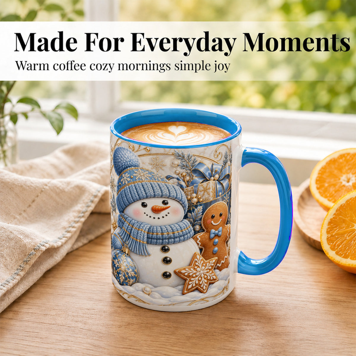 #pl[15oz|Blue] Snowman Gingerbread Coffee Mug, Blue Holiday Mug, Ceramic Cup