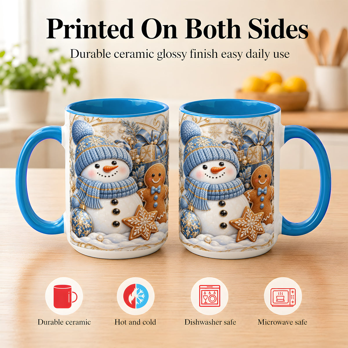 #pl[15oz|Blue] Snowman Gingerbread Coffee Mug, Blue Holiday Mug, Ceramic Cup