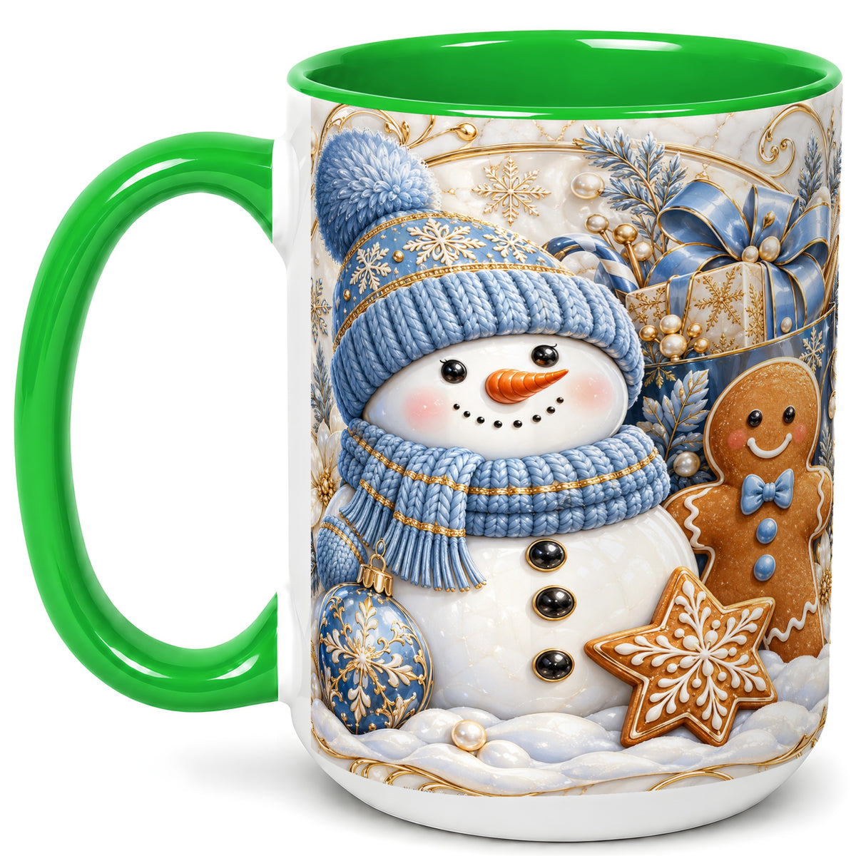 #pl[15oz|Green] Snowman Gingerbread Coffee Mug, Blue Holiday Mug, Ceramic Cup
