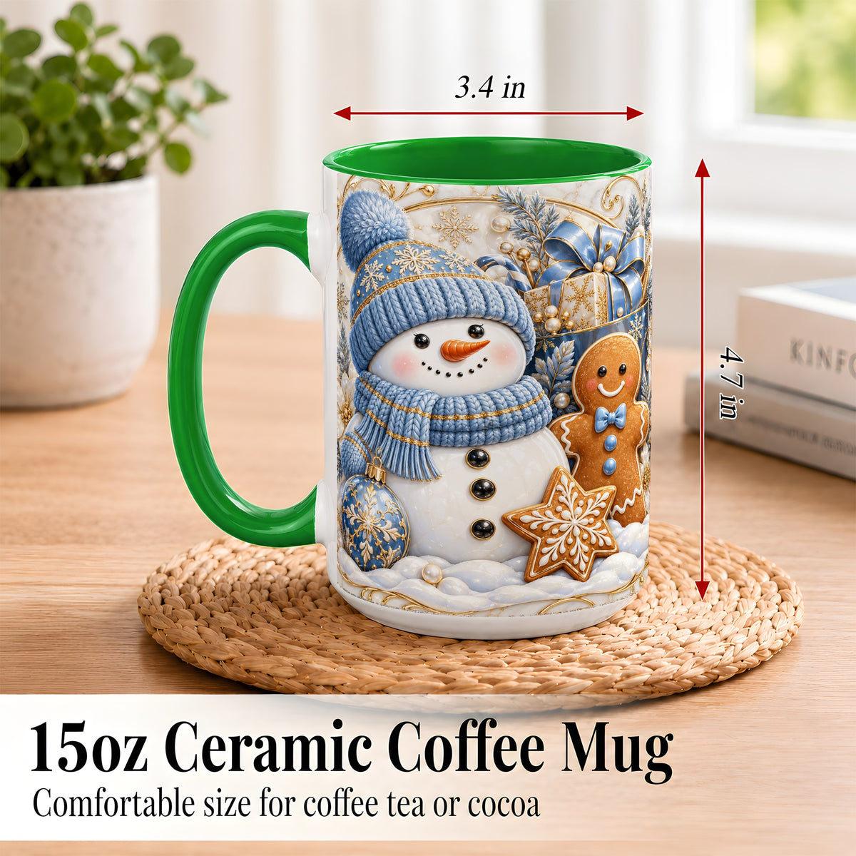 #pl[15oz|Green] Snowman Gingerbread Coffee Mug, Blue Holiday Mug, Ceramic Cup