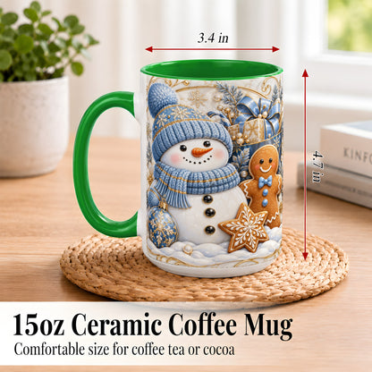 #pl[15oz|Green] Snowman Gingerbread Coffee Mug, Blue Holiday Mug, Ceramic Cup