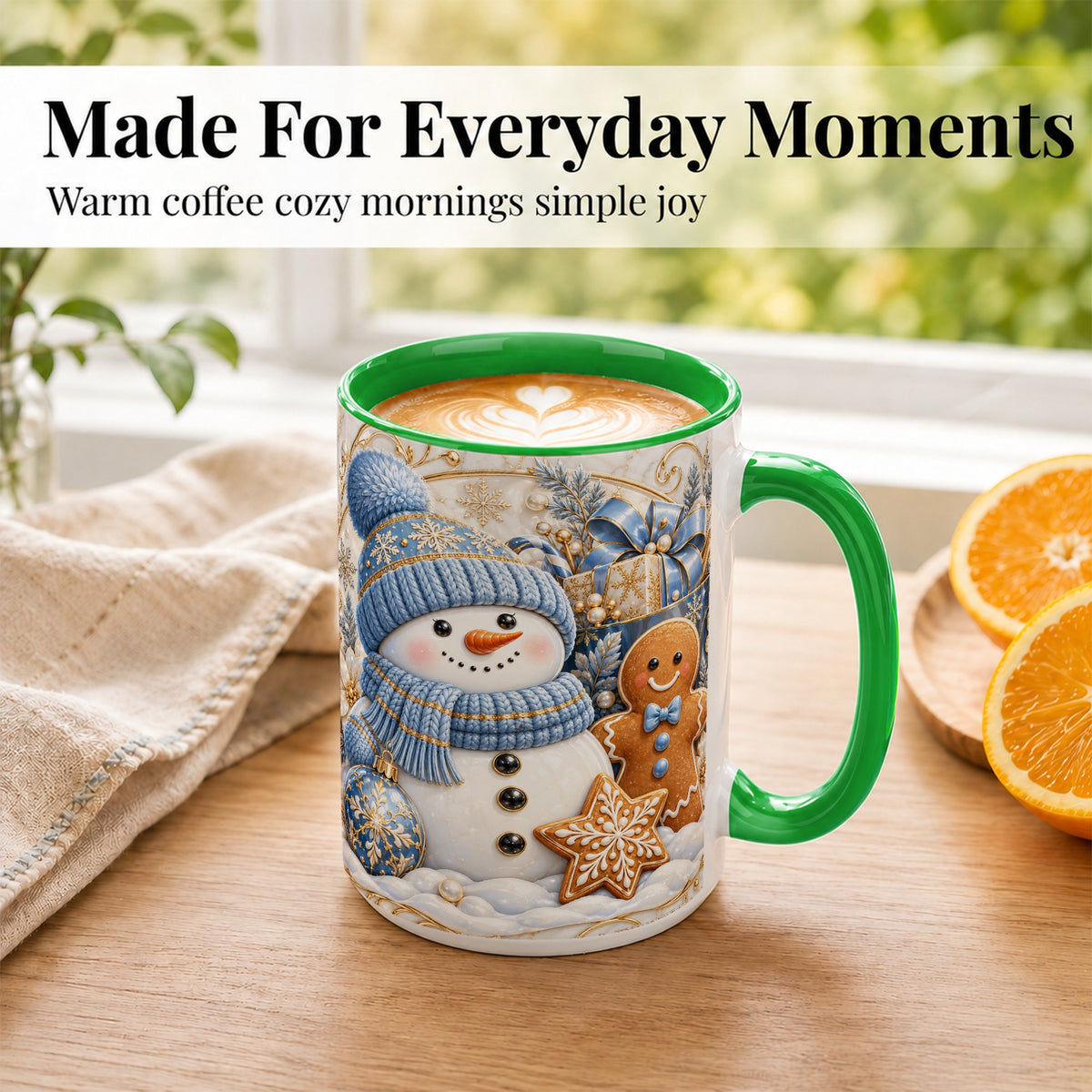 #pl[15oz|Green] Snowman Gingerbread Coffee Mug, Blue Holiday Mug, Ceramic Cup