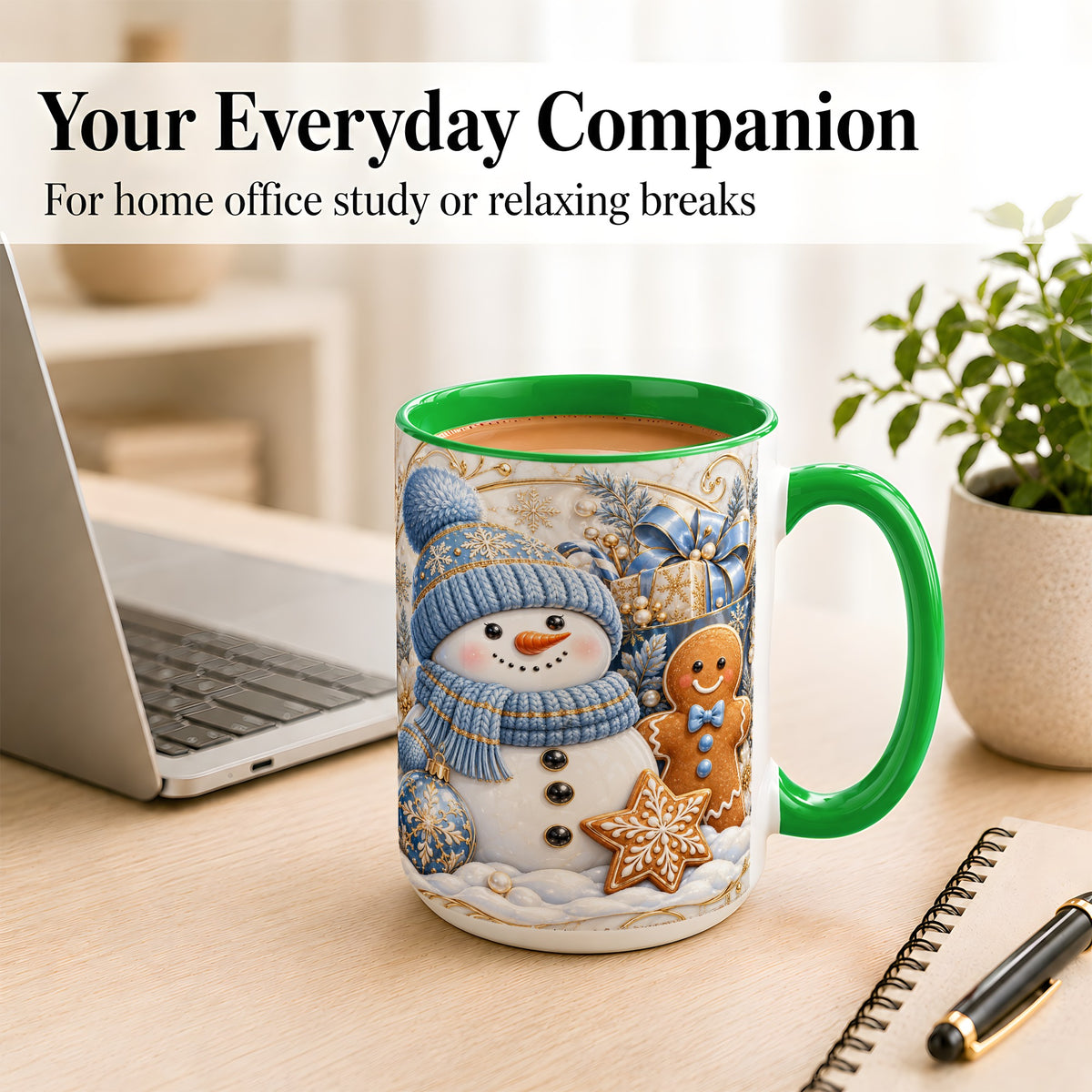 #pl[15oz|Green] Snowman Gingerbread Coffee Mug, Blue Holiday Mug, Ceramic Cup