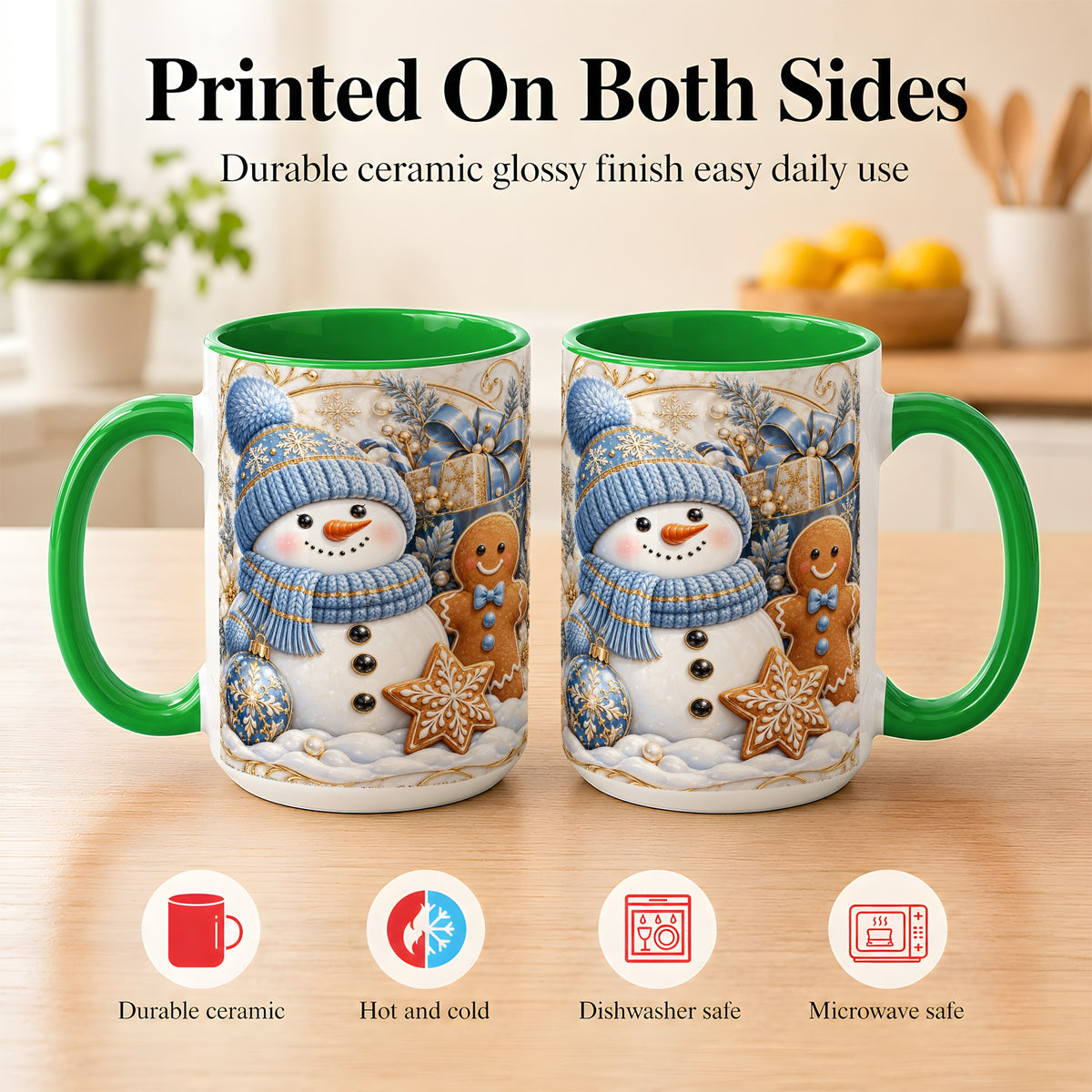 #pl[15oz|Green] Snowman Gingerbread Coffee Mug, Blue Holiday Mug, Ceramic Cup
