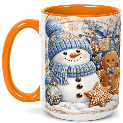 #pl[15oz|Orange] Snowman Gingerbread Coffee Mug, Blue Holiday Mug, Ceramic Cup