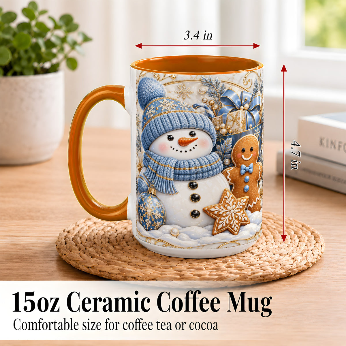 #pl[15oz|Orange] Snowman Gingerbread Coffee Mug, Blue Holiday Mug, Ceramic Cup