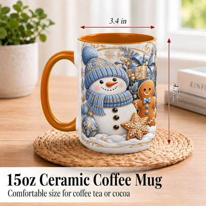 #pl[15oz|Orange] Snowman Gingerbread Coffee Mug, Blue Holiday Mug, Ceramic Cup