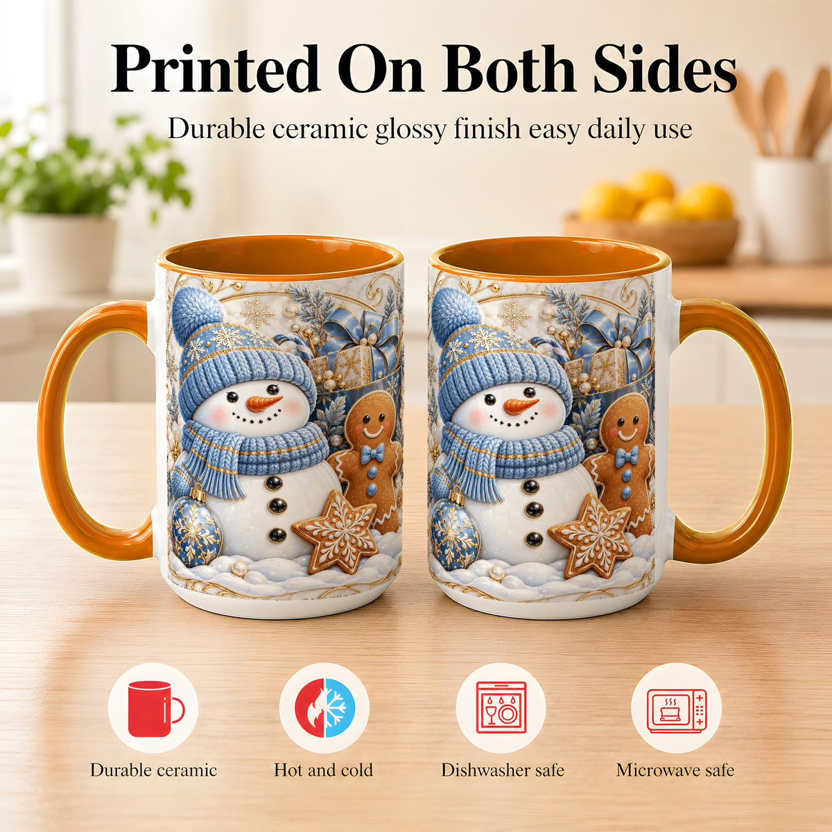 #pl[15oz|Orange] Snowman Gingerbread Coffee Mug, Blue Holiday Mug, Ceramic Cup