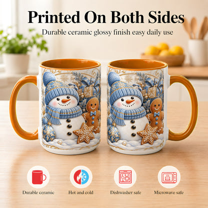 #pl[15oz|Orange] Snowman Gingerbread Coffee Mug, Blue Holiday Mug, Ceramic Cup
