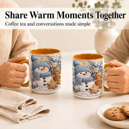 #pl[15oz|Orange] Snowman Gingerbread Coffee Mug, Blue Holiday Mug, Ceramic Cup