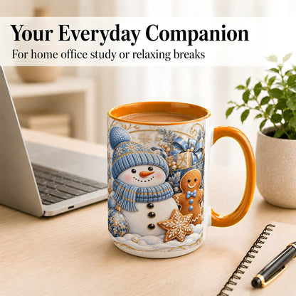 #pl[15oz|Orange] Snowman Gingerbread Coffee Mug, Blue Holiday Mug, Ceramic Cup