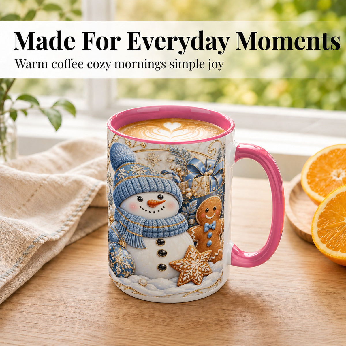 #pl[15oz|Pink] Snowman Gingerbread Coffee Mug, Blue Holiday Mug, Ceramic Cup