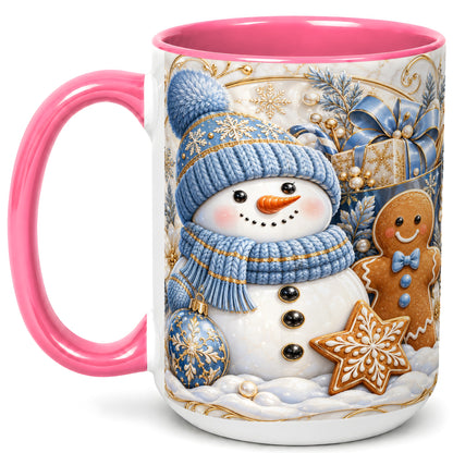 #pl[15oz|Pink] Snowman Gingerbread Coffee Mug, Blue Holiday Mug, Ceramic Cup
